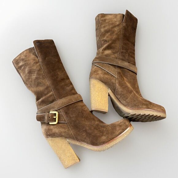 Prada Brown Suede Heeled Boots Size 7 Italy - Picture 3 of 10